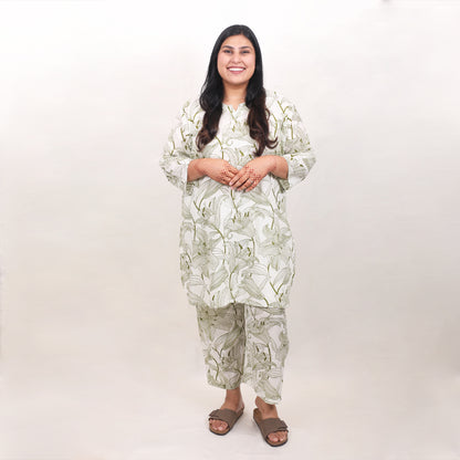 White & Olive Green Tropical Co-ord Set