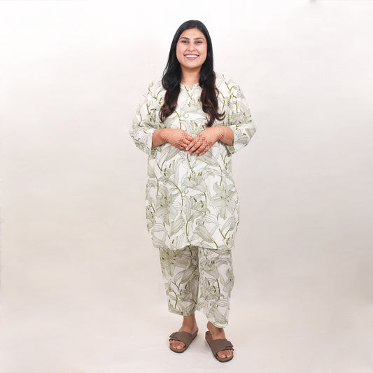White & Olive Green Tropical Co-ord Set